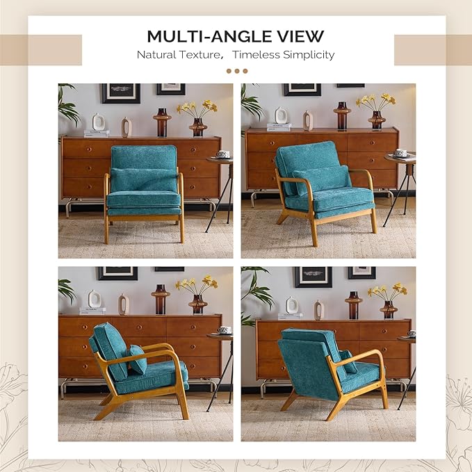 VINGLI Chenille Mid-Century Modern Accent Chair, Cute Reading Arm Chair with Cushion & Lumbar Pillow & Solid Wood Frame for Lounge, Living Room, Reading Room, Bedroom, Turquoise