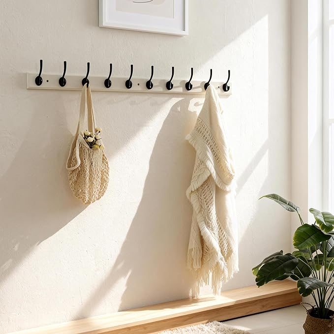 Dseap Coat Rack Wall Mounted: 10-Hooks, 38-1/4" Long, 16" Hole to Hole, Wood Coat?Hooks Wall Mounted, Hook Rack, Hook Rail, Hooks for Hanging Coats, White & Black