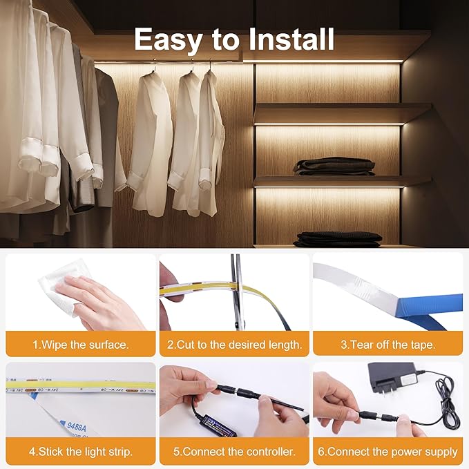 9.84 ft COB LED Strip Lights,Warm White LED Lights for Bedroom with RF Remote,Ultra Bright 24V Cabinet Strip Lighting with Remote Control, Ambient Mood Lighting for DIY Mirror, Nightstand, Kitchen