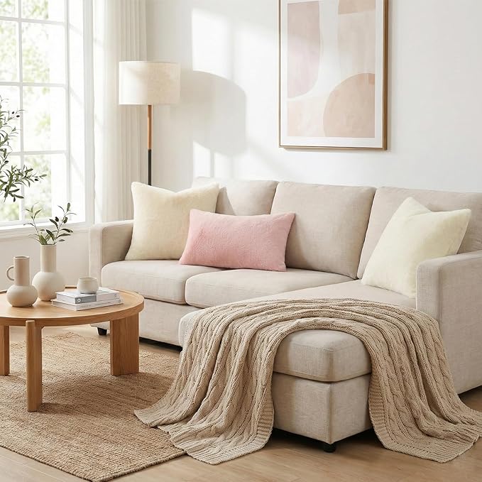 Pallene Faux Fur Plush Spring Throw Pillow Covers 26x26 Set of 2, Soft Fluffy Couch Pillow Covers for Living Room, Cream White