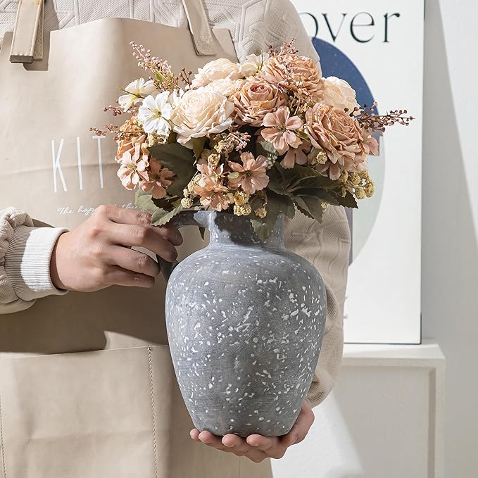 Ceramic Decorative Flower Vase with Handle, 8.85 Inch Pottery Rustic Farmhouse Vase for Home Decor, Living Room, Shelf Decor, Wedding, Housewarming Gift