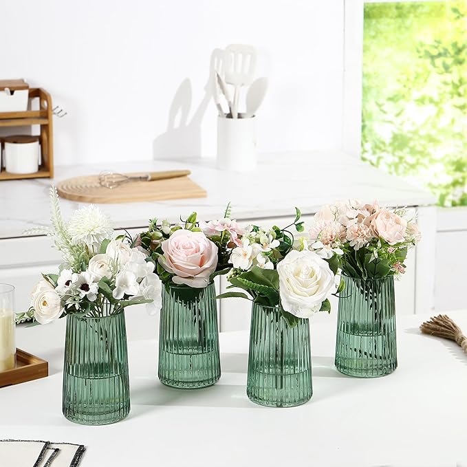 Green Glass Vases Set of 4, Small Vases for Flowers, Flower Vase for Bouquet, Modern Ribbed Glass Vase for Living Room, Bedroom, Dining Table, Office, Wedding, Centerpieces