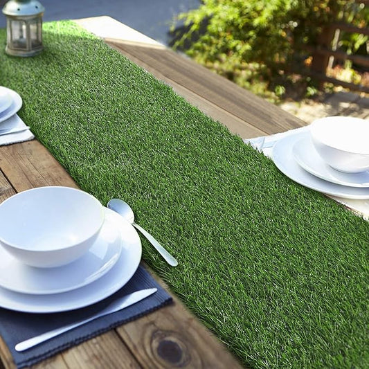 Aneco 12 x 108 Inch Artificial Grass Table Runners Carpet Roll Synthetic Grass Table Runner Grass Tabletop Decoration for Spring Fall Summer Holiday, Baby Shower, Wedding, Birthday, Banquet