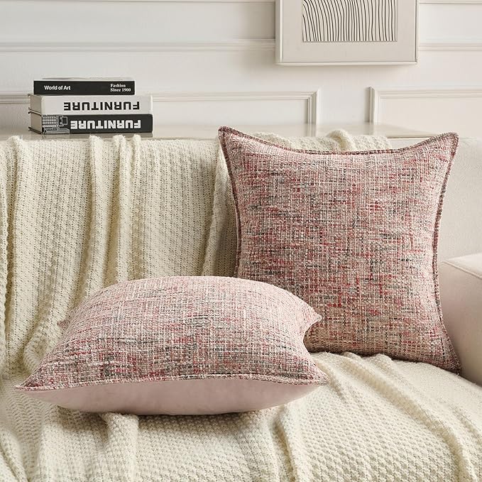 FUTEI Blush Decorative Throw Pillow Covers 16x16 Inch Set of 2,Soft Chenille Tweed Textured Cushion Case,Modern Home Decor for Couch Bed Living Room