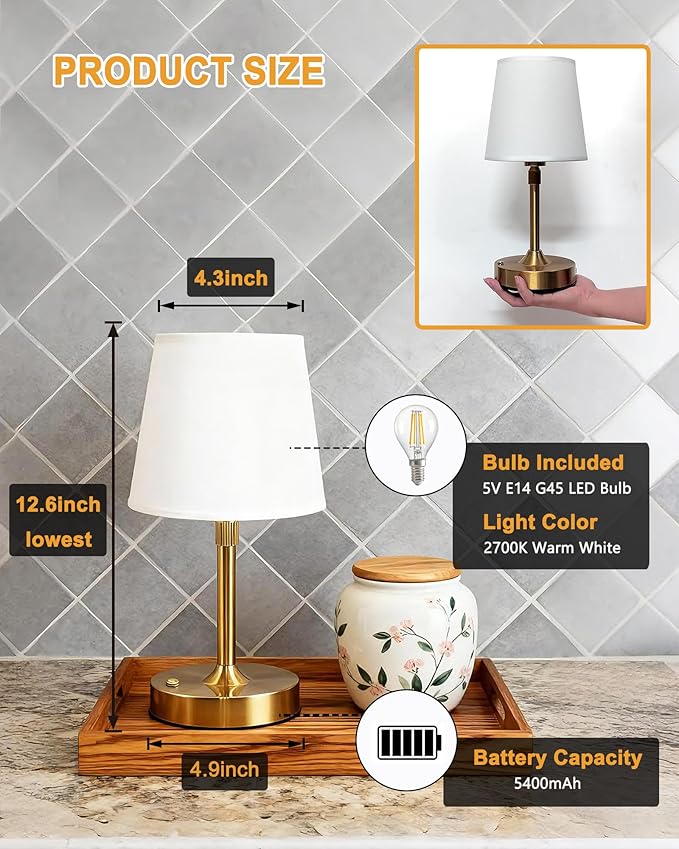 Small Cordless Lamp, Dimmable Rechargeable Table Lamp, 5400mAh Battery Operated, Portable Gold Touch Desk Lamp for Bedside, Kitchen, Counter, White Fabric Shade, E14 2700K Bulb Included