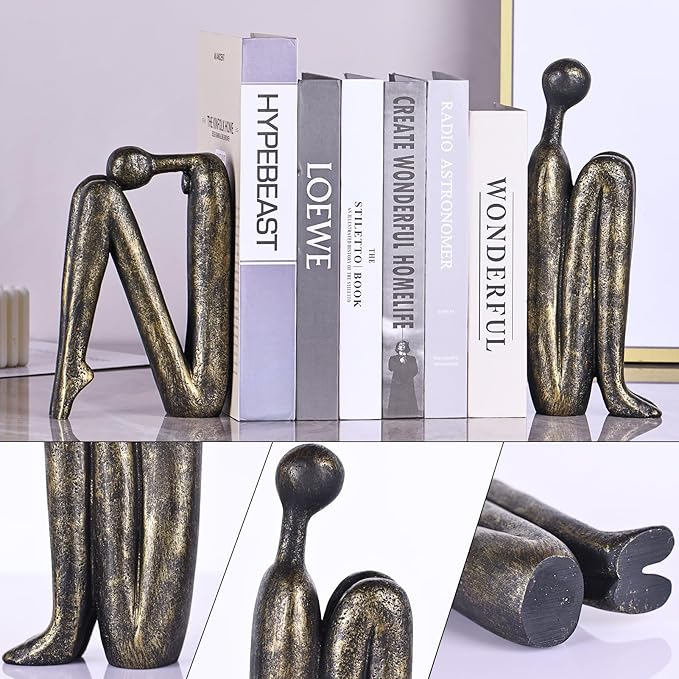 orenm Modern Decorative Bookends for Heavy Books, Thinker Statue Book Holders for Shelves & Office Desk, Abstract Aesthetic Book Ends Stoppers, Bookshelf Decoration (Bronze)