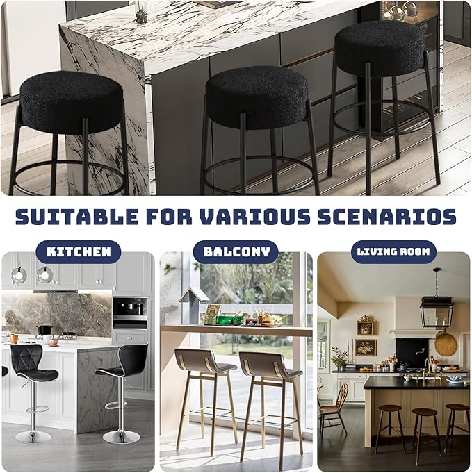 SoarFlash Modern Rotatable Bar Stools Set of 2, 30" Sherpa Swivel Counter Height Stools with Round Soft Padded Boucle Backless Seat, Black