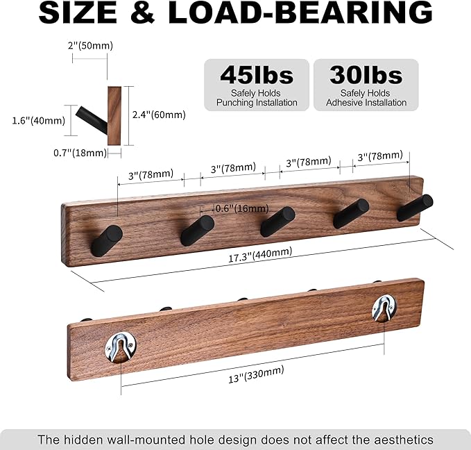 17.3" Small Wooden Coat Rack Wall Mounted with 5 Pegs Hooks, Entryway Wall Hooks Coat Hanger for Hanging Towel Jacket Clothes Hat Backpack Shoe Purse Key Holder Hook Rail by Black Walnut Wood
