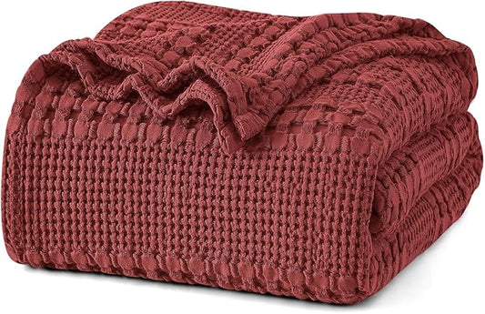 PHF 100% Cotton Waffle Weave Blanket Queen Size for Bed, Soft Lightweight & Breathable, All-Season Comfort, 300 GSM Luxury Aesthetic Blanket for Home Decor, 90"x90", Wine Red