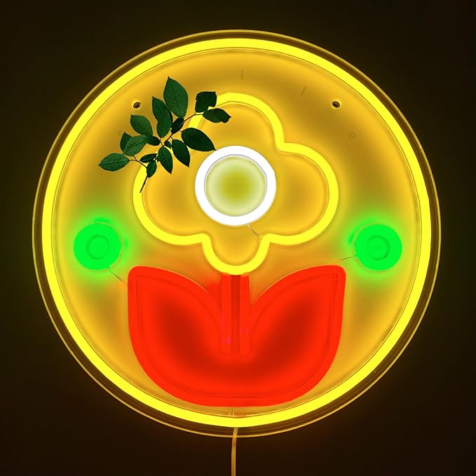 Flower LED Yellow Neon Light, Dimmable USB Wall-Mounted Retro Decoration, Creating a Modern Home Aesthetic, Simple and Sunshine Mood Light, Suitable for Living Rooms, Offices, Bedrooms, Game Rooms