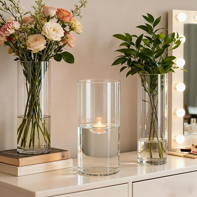 3 Pack Acrylic Cylinder Vases, Non-breakable Vase for Centerpieces, 8 inch Tall Clear Flower Vase Bulk Floating Candle Holder for Wedding Table Home Decor and Party