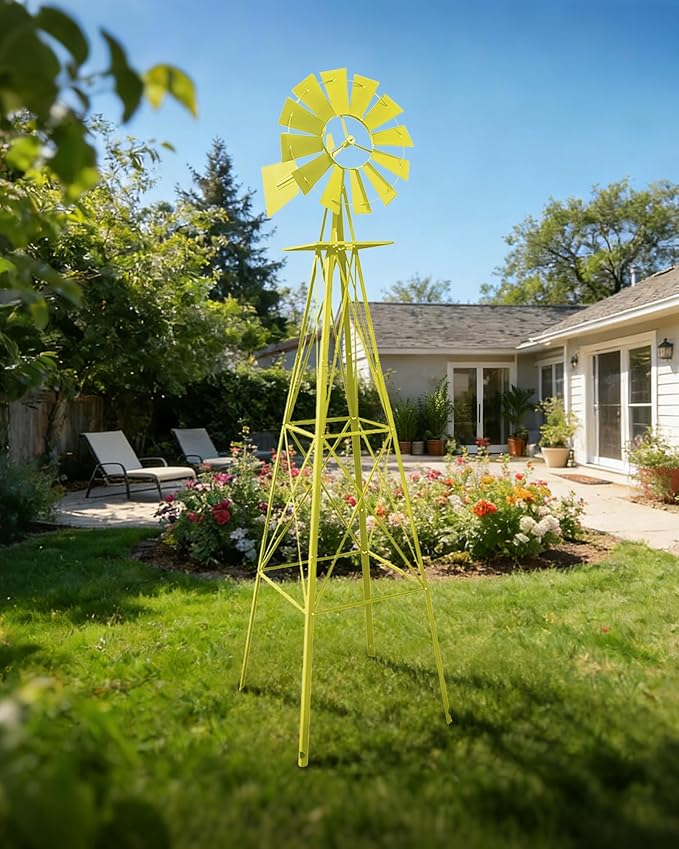 8FT Windmill for Yard Garden Decoration with Weather Vanes，Heavy Duty Outdoor Wind Mills, Large Metal Outdoor Windmill,Weather Resistant,Yellow