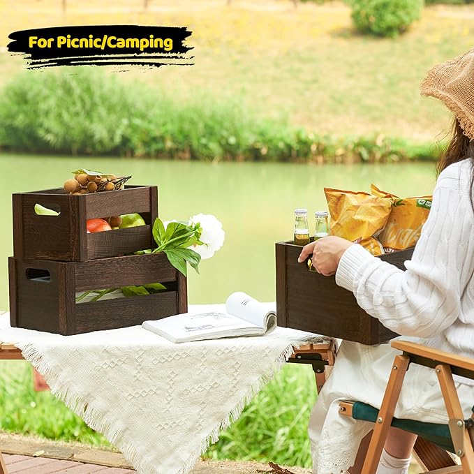 Wooden Crates 3 Pack, Nesting Handmade Wood Crates for Storage, No Installation Wooden Storage Box with Cutout Handle for Display & Decor, Brown