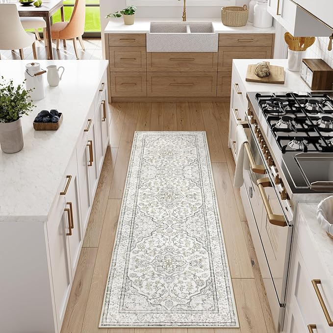 Lahome Oriental Bathroom Runner Rug,Washable 2x6 Beige Kitchen Runner Rug Non Skid Hallway Runner,Ultra-Thin Soft Rug Boho Indoor Floor Carpet Runner 6ft for Bedroom Entrway Laundry Room