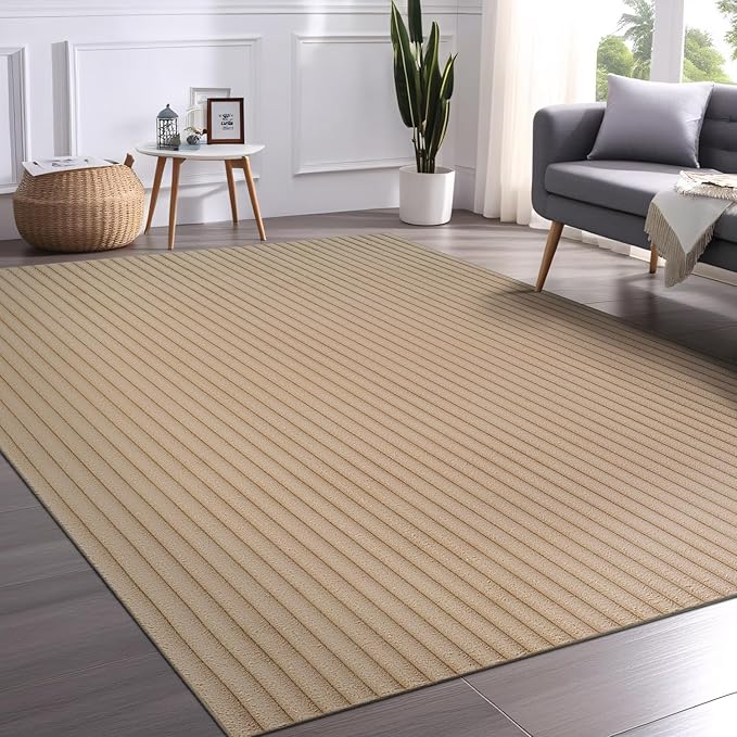 Beverly Rug Non Slip Area Rug 5 x 7 Modern Durable Ultra Soft Ribbed Indoor Rugs for Living Dining Room Office Stain Resistant Non Shedding Casual Easy Shag Indoor Carpet Beige 5x7