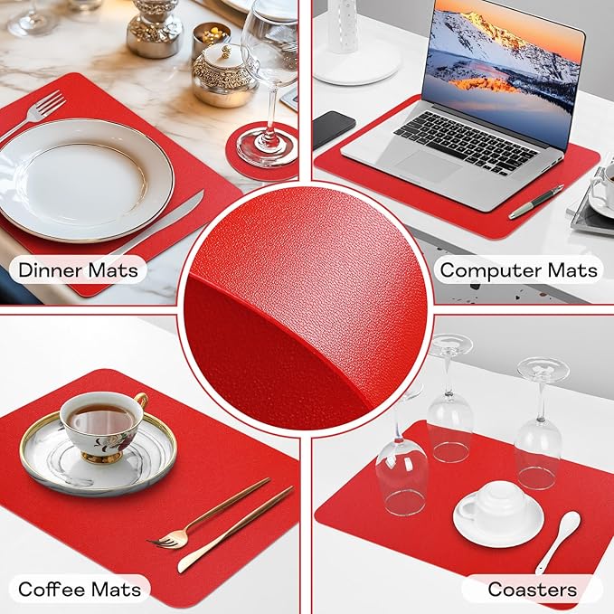 Faux Leather Placemats Set of 6, Vinyl Placemats Heat Resistant Place Mats, Waterproof Oil-Proof Wipeable Dining Table Mats and Coasters for Kitchen, Indoor, Outdoor (Red)