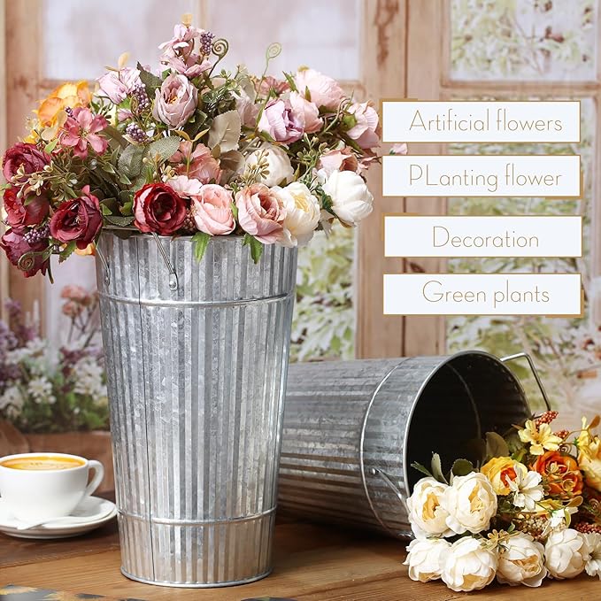 Layhit 6 Pcs 12 Inch Galvanized Flower Buckets Metal Flower Vases with Handle Farmhouse French Bucket Planter Floral Container for Flowers Wedding Bridal Shower Home Table Decor(Retro Steel Color)