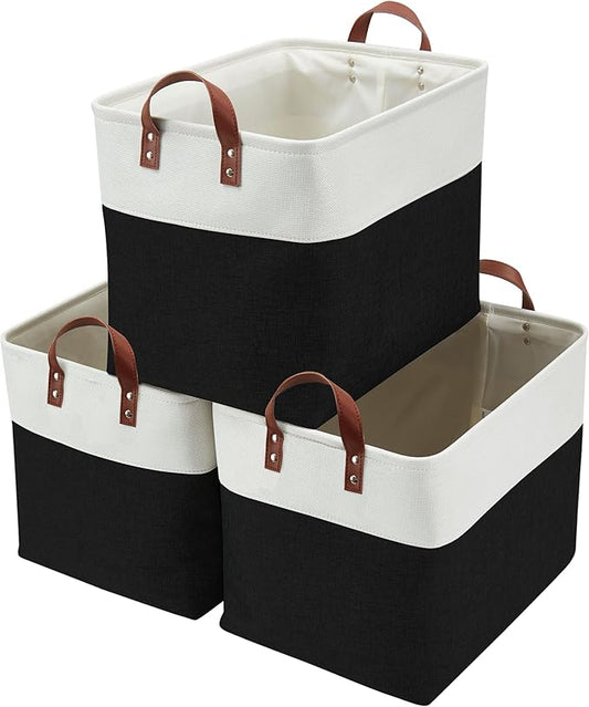 DECOMOMO Large Fabric Storage Baskets - Linen Closet Storage Bins with Handles for Laundry, Clothes, Home, Office (Black & White, XXL - 3 Pack)