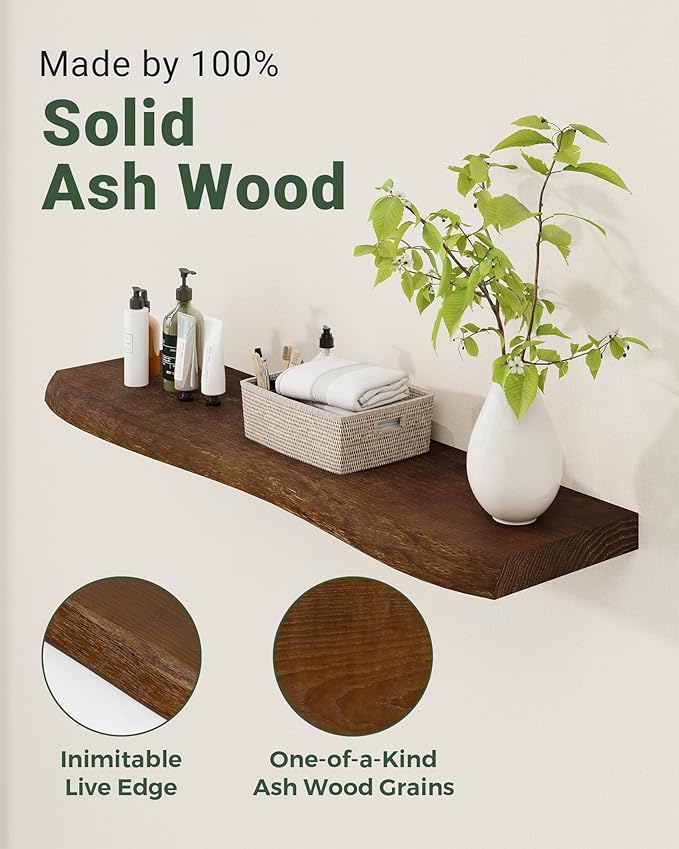 Axeman 48" Solid Wood Floating Shelves for Wall Decor, USA-Sourced Rustic Ash Wood Live Edge Shelf with Upgraded Heavy Invisible Bracket, Wall Mounted Shelf for Kitchen Bathroom Living Room, Walnut