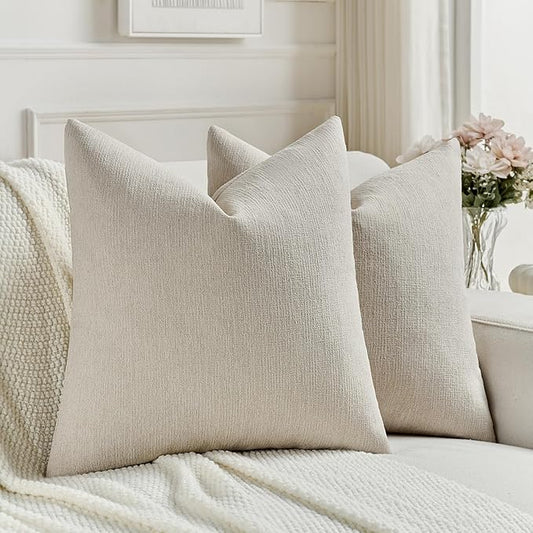 FUTEI Beige Chenille Decorative Throw Pillow Covers 20x20 Inch Set of 2,Soft Cozy Faux Linen Textured Cushion Case,Farmhouse Home Decor for Couch Living Room