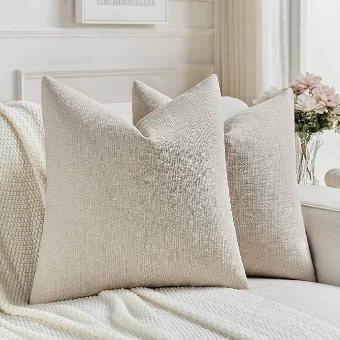 FUTEI Beige Chenille Decorative Throw Pillow Covers 26x26 Inch Set of 2,Soft Cozy Faux Linen Textured Euro Pillow Shams,Farmhouse Home Decor for Couch Living Room
