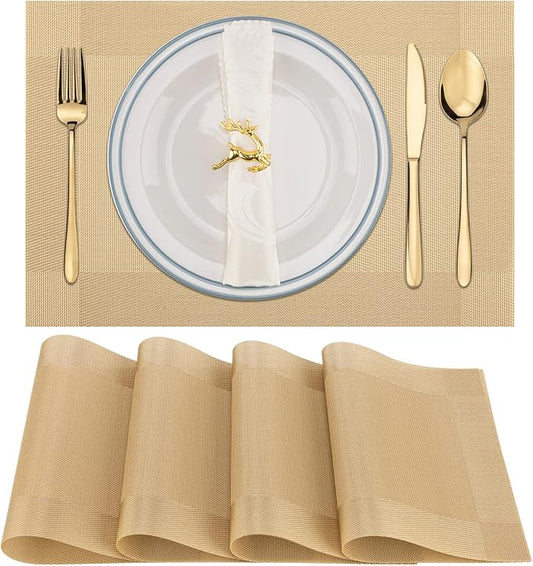 Winknowl Placemats Set of 4, Washable Vinyl Woven Placemats, Heat Resistant & Wipeable Table Mats for Kitchen Dining Table (Golden)