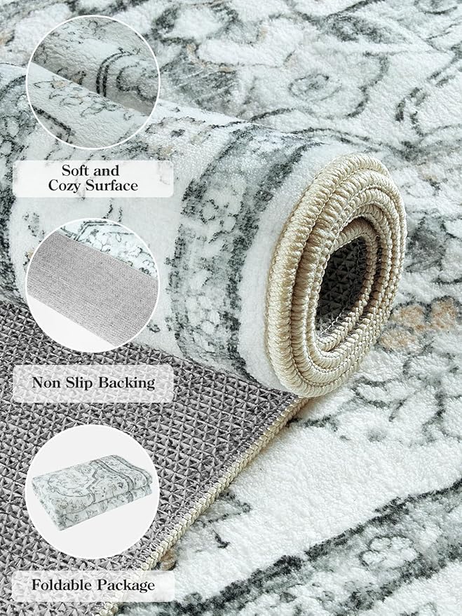 Lahome Oriental Washable Runner Rug,2.5x8 Long Bedroom Rug Runner Non-Slip,Runner Rug for Entryway Indoor,Traditional Laundry Room Rug Runner Low-Pile for Kitchen Hallway,(8ft,Light Gray)