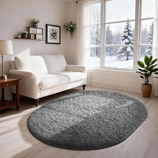 Ophanie 3x5 Oval Rug, Bedside Preppy Dorm Area Rug, College Essentials Non Slip Grey Small Carpets for Bedroom, Anti Slip Fluffy Gray Living Room Rugs Home Decor Aesthetic, Nursery