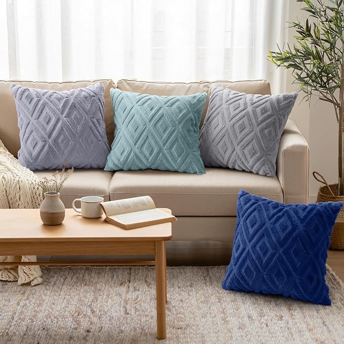 decorUhome Set of 4 Faux Fur Throw Pillow Covers 18x18, Soft Decorative Couch Pillow Covers with Velvet Back for Modern Sofa Living Room, Grey/Blue