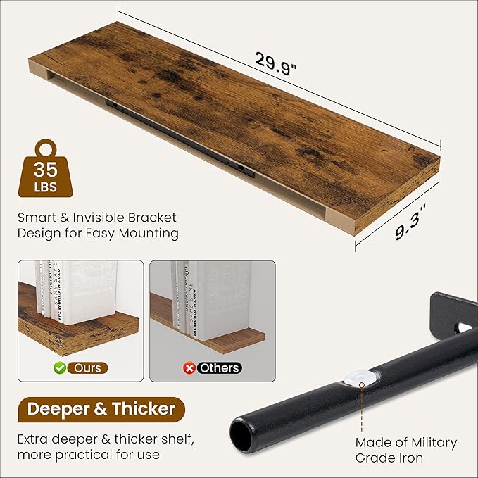 Fun Memories 9.3Inch Deep Floating Shelves for Wall, 30 Inch Rustic Wood Wall Mounted Shelves for Bathroom, Bedroom, Kitchen, Deep Floating Shelf for Storage & Home Decor (Brown, Set of 2)