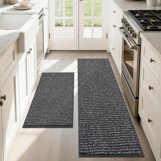 JSEI Kitchen Rugs and Mats, 2PCS Non-Slip Kitchen Mats for Floor, Machine Washable Absorbent and Stain Resistant Kitchen Runner, Carpet Mats with TPR Backing, 17''x30''+17''x48'', Charcoal