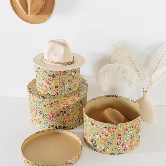 Soul & Lane Botanica Bliss Gold Round Hat Boxes with Lids - Set of 3: Nesting Cardboard Hat Storage, Boho Floral Print Cases, Stacking Circle Decorative Keepsake Boxes
