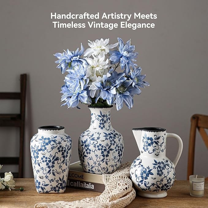 Blue and White Chinoiserie Vase, Handmade Vintage Floral Ceramic Vase, Round Blue Vase for Flowers, Rustic Table Centerpiece, Blue Vases Home Decor for Living Room, Office, Kitchen 8.4 in