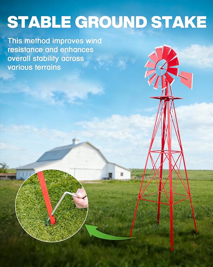 8FT Windmill for Yard Garden Decoration with Weather Vanes，Heavy Duty Outdoor Wind Mills, Large Metal Outdoor Windmill,Weather Resistant,Red
