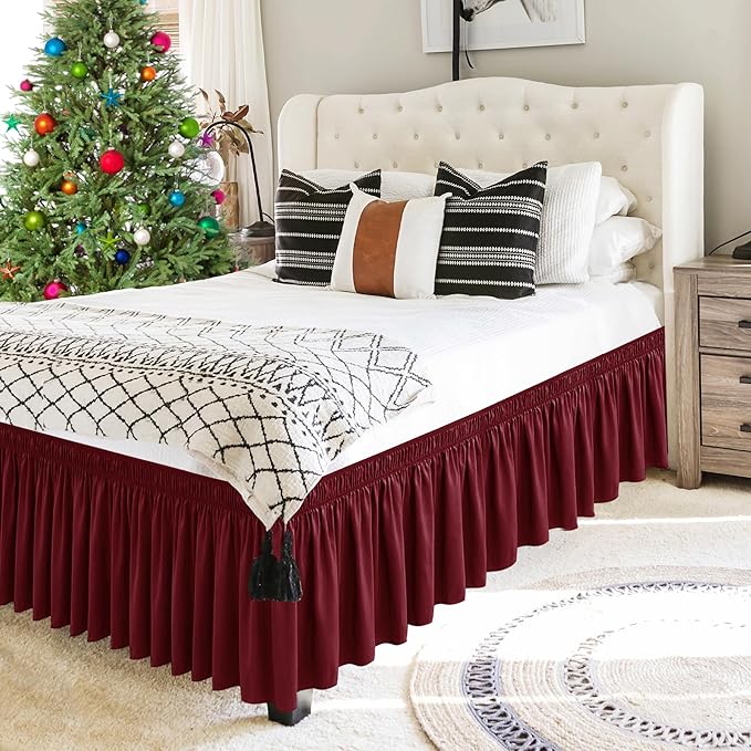 Biscaynebay Wrap Around Bed Skirts for Full & Full XL Beds 15" Drop, Burgundy Adjustable Elastic Dust Ruffles Easy Fit Wrinkle & Fade Resistant Silky Luxurious Fabric Machine Washable