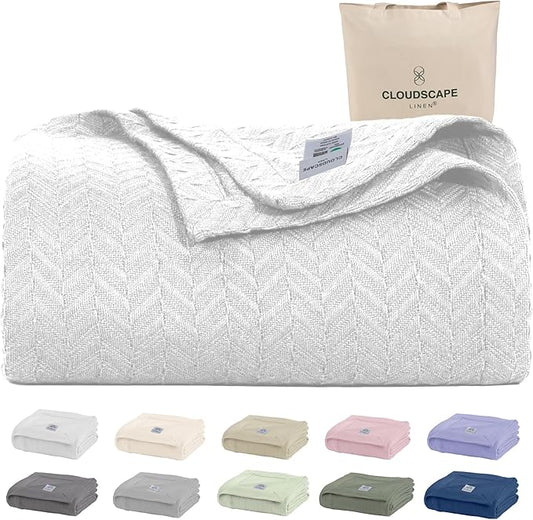 Cloud Scape Linen 100% Cotton Blanket Twin 68x92 White - Cozy Herringbone Weave, Fits Up to Twin XL Size Beds, Breathable Softness, All-Season Warmth, Winter Blanket, Bedding Gift Choice
