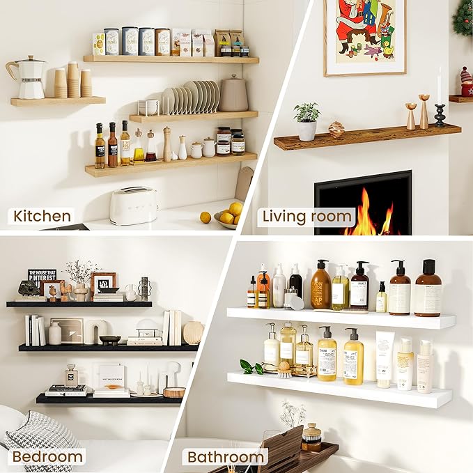 Dreamland 24Inch Floating Shelves for Wall, Rustic Wooden White Floating Shelves for Bathroom|Bedroom|Kitchen, Deep Wall Mounted Book Shelf, Wood Storage Display Shelf for Home Decor, Set of 2
