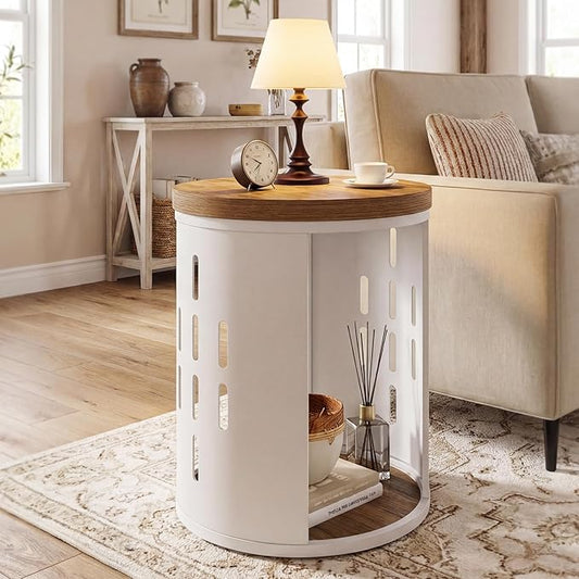 Rustic Round End Table, 2-Tier Side Table with Storage Shelf, Small Nightstand for Living Room and Small Spaces, White Metal Frame (Light Brown, Set of 1)