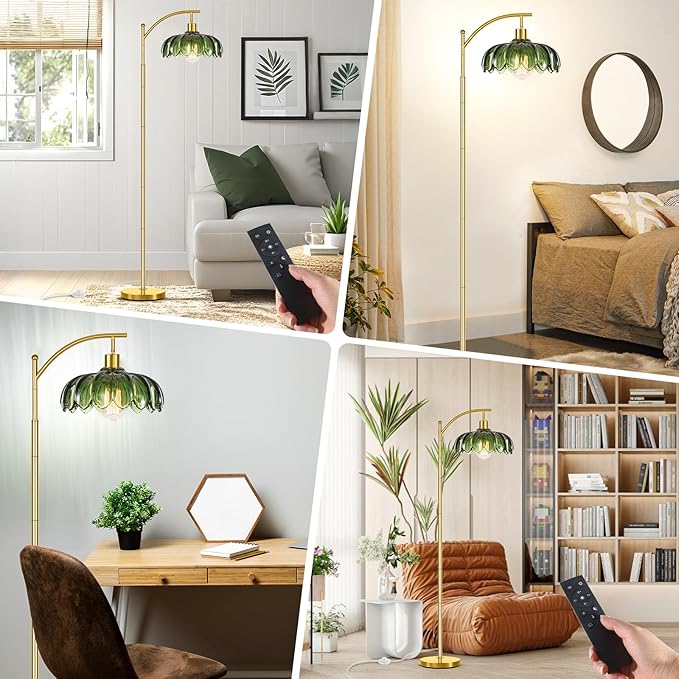 gernehop Gold Floor Lamp for Living Room with Remote Control,Unique Vintage Standing Tall Lamp,Mid Century Modern Floor Lamps Arc Green Glass Floor Lamps for Office Corner