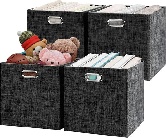 Posprica Fabric Storage Cubes,13×13×13 cube storage bins, Foldable Drawers Baskets Containers for Shelf Cabinet Bookcase,Thick and Heavy Duty (4pcs, Black)