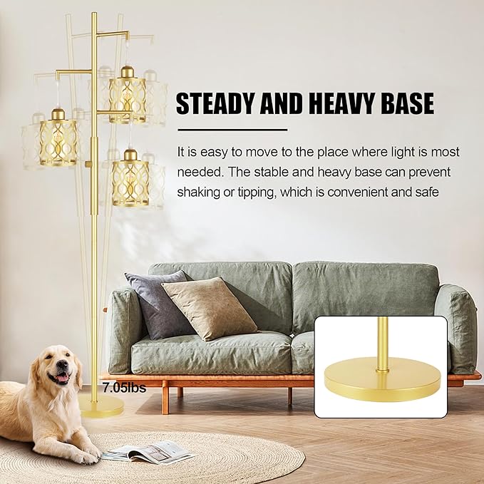 ROTTOGOON 68" Gold Floor Lamp, Dimmable Industrial Floor Lamps for Living Room, 3 Light Rustic Standing Tall Lamp Including 3 PCS 6W E26 Bulbs, Farmhouse Tree Floor Lamp for Bedrooms, Office, Bar