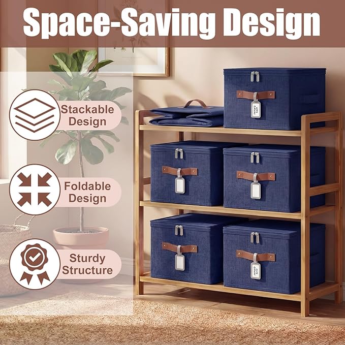 6 Pack Fabric Storage Bins with Lids and Label, 10×8×7Inch Foldable Cotton Linen Cute Storage Boxes with PU Leather Handles for Closet, Bedroom, Shelf, Nursery, Dark Blue