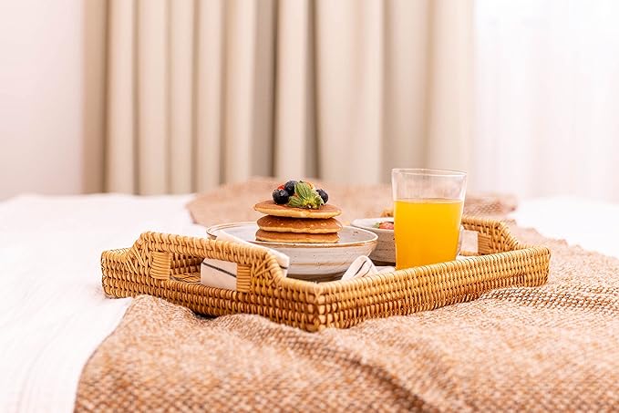 Hand-Woven Rattan Serving Tray with Handles for Breakfast, Drinks, Snack for Dining/Coffee Table (14.5 inch (37 cm), Rectangular)