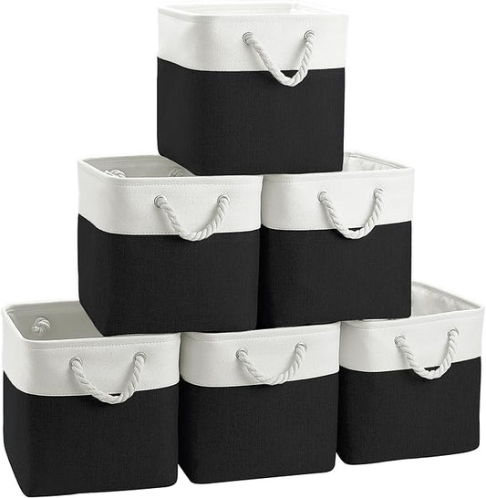 Large 11x11 Inch Cube Storage Bins with Cotton Handles for Closet, Shelves, Clothes, Towel (White/ Black-6 Pack)