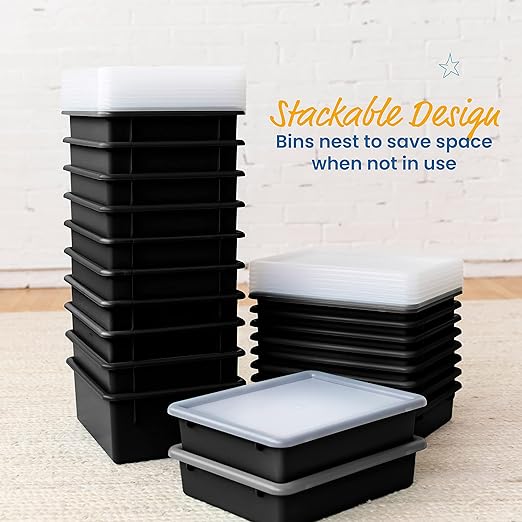 ECR4Kids Letter Size Deep Tray with Lid, Storage Bin, Black, 10-Piece