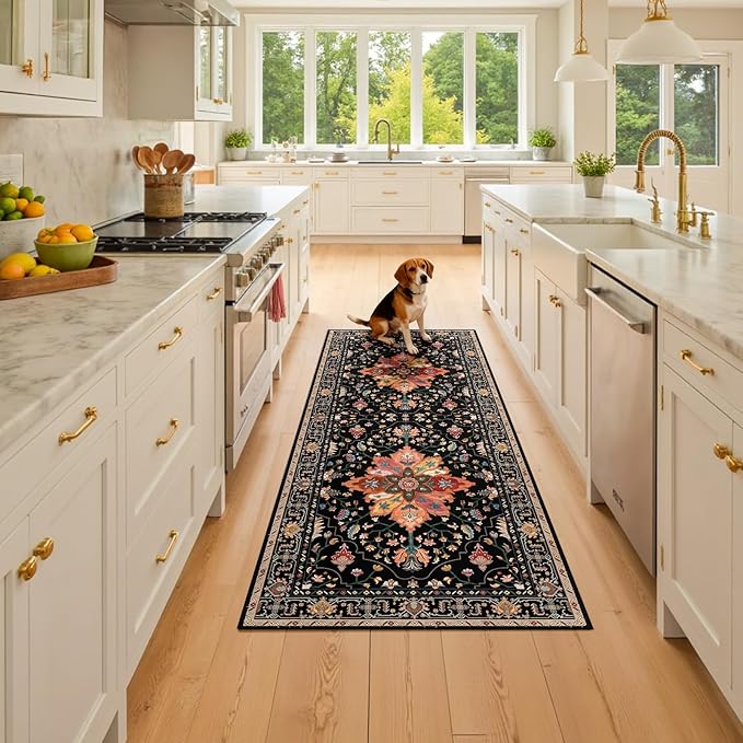 RELEANY Area Rugs 2'x6' Washable Non-Slip, Floral Vintage Distress Print Pattern Medallion Carpet for Living Room Bedroom Dining Room, Black Colorful Floral Dark Tan