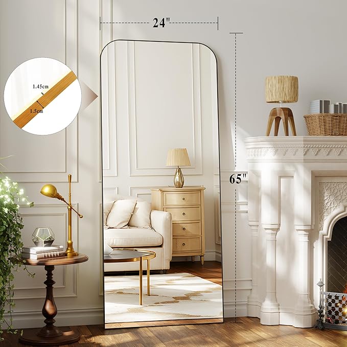 Full Length Mirror 65"x24" Mirror Full Body with Aluminum Alloy Frame Top Square-Edged Floor Mirror with Stand for Bedroom Living Room Black