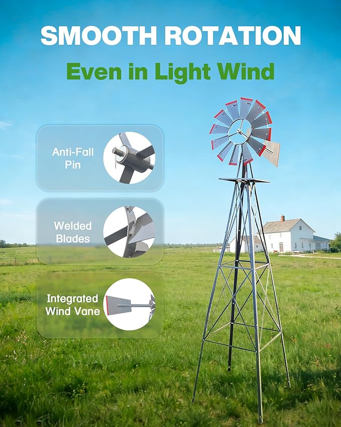 8FT Windmill for Yard Garden Decoration with Weather Vanes，Heavy Duty Outdoor Wind Mills, Large Metal Outdoor Windmill,Weather Resistant,Gray