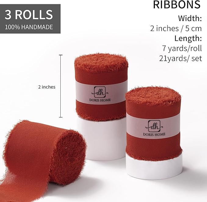 DORIS HOME Terracotta Chiffon Ribbon for Flower Bouquet, 2" x21Yd Fabric Ribbon for Gift Wrapping, Handmade Frayed Ribbon for Wedding, Chiffon Silk Ribbon for Christmas Decorations