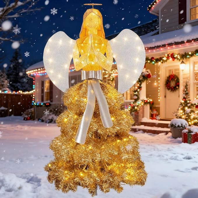 Large Outdoor Lighted Angel Yard Decoration, 3D Glitter Wings LED Statue, Waterproof Garden Lawn Patio Decor for Yard, Walkway & Party Display